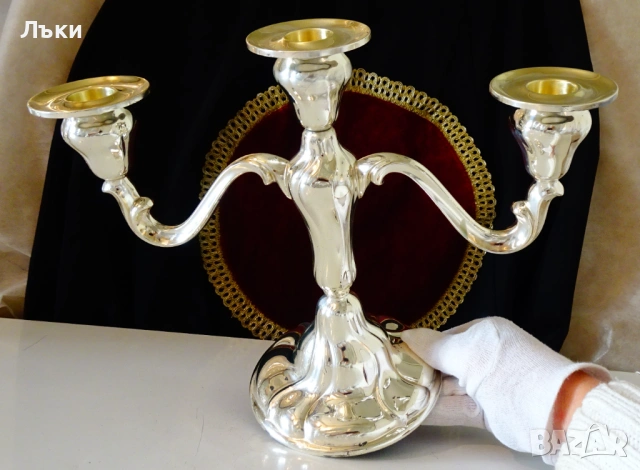 Посребрен троен свещник тройка WMF,800 гр.,Art Nouveau. , снимка 7 - Антикварни и старинни предмети - 53990119