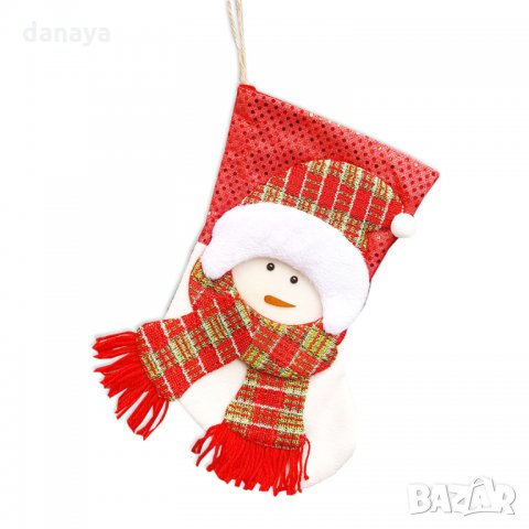 1835 Коледен чорап за подаръци и украса в бяло и червено и декорация Снежко, снимка 4 - Декорация за дома - 30786808