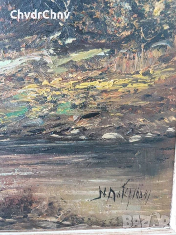 80х68см/голяма картина масло върху платно/горски пейзаж/къщи-река-дървета/дървена рамка, снимка 7 - Картини - 50852750