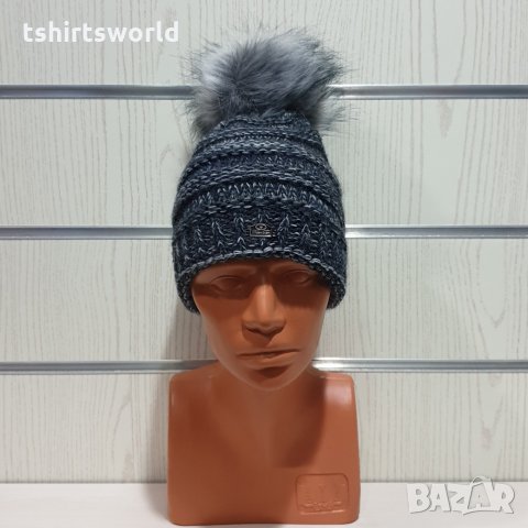 Нова дамска плетена шапка тъмносин меланж с помпон/пух, снимка 6 - Шапки - 30963365