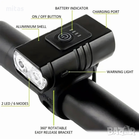 Ултра ярка LED светлина за велосипед, Двойна, Алуминиева, USB, 1000Lum, снимка 3 - Аксесоари за велосипеди - 44669785