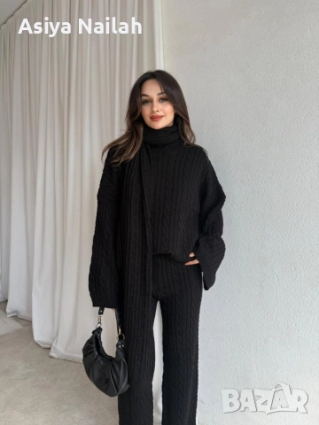 Елегантен черен комплект от 3 части – туника, панталон и шал, снимка 2 - Комплекти - 52795229