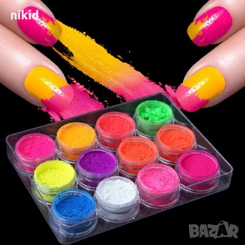 12 бр електрик неонов неон цвят цветове пудра прах пигмент омбре за маникюр нокти за гел лак, снимка 2 - Продукти за маникюр - 31218366