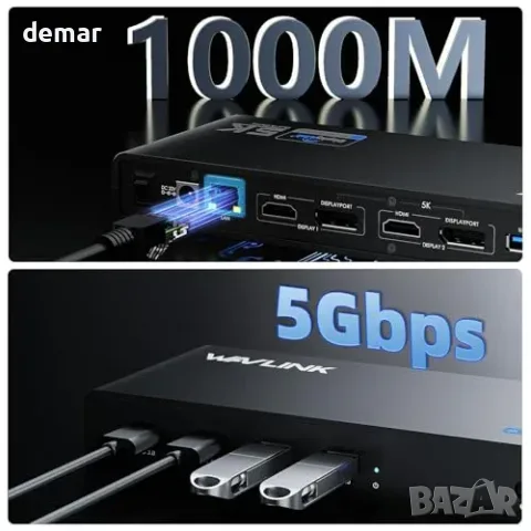 WAVLINK USB-C DisplayLink Docking Station с 2× HDMI/DP, Gigabit Ethernet и 6× USB 3.0, снимка 7 - Други стоки за дома - 55850039