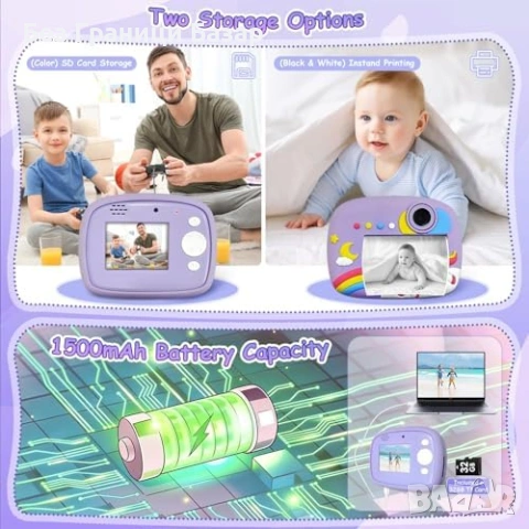 Нов Фотопринтер Фотоапарат за деца моментен печат 2.4 IPS 32GB идеален подарък дете, снимка 4 - Други - 54151155