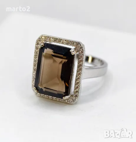 Красив сребърен 925 Пръстен с Натурален Раух Топаз (Опушен Кварц) и Циркони!, снимка 7 - Пръстени - 42062811