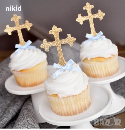 6 бр Мек кръст с панделка кръщене топер клечка декор за мъфини торта украса, снимка 2 - Други - 23042705