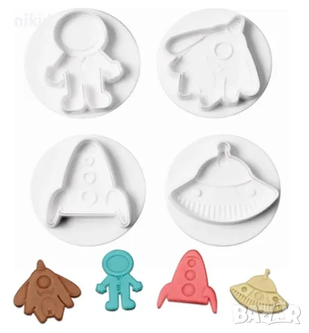 космонавт Космос ракета 4 бр резци с бутало и релеф тесто фондат бисквитки сладки украса резец форма, снимка 10 - Форми - 18769465