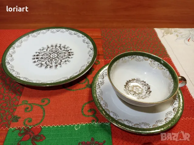 Троен сет за кафе/чай зелено и златно, снимка 3 - Антикварни и старинни предмети - 47514052