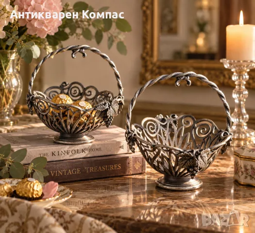 Комплект винтидж посребрени ажурни кошнички (бонбониери / свещници) – 2 бр.