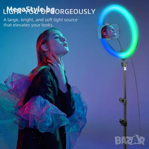 12" RGB LED Ринг лампа с двоен статив (четворно разклонен и мини настолен) и дистанционно, снимка 2 - Селфи стикове, аксесоари - 55959250