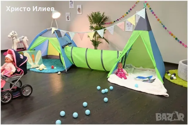 Детска двойна Палатка с тунел за игра 3в1 Палатка иглу Палатка Типи Цветен тунел, снимка 2 - Други - 50160676