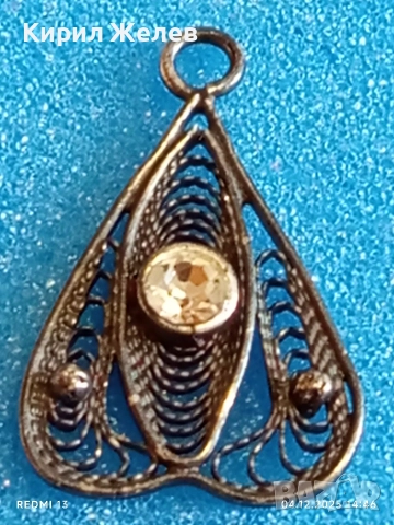 Стара филигранна сребърна с гранулация и камък висулка пендант 52422, снимка 4 - Колиета, медальони, синджири - 52651077