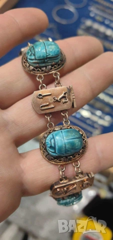 Антикварна сребърна гривна ,скарабей ,тюркоаз позлата , снимка 2 - Антикварни и старинни предмети - 53330779