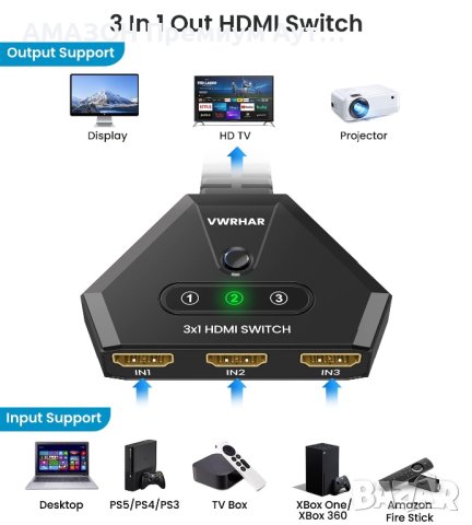 VWRHar 3x1 HDMI 4K автоматичен превключвател/сплитер с HDMI кабел,HDCP1.4/Full HD/4K/30Hz/3D>PS5…, снимка 2 - Стойки, 3D очила, аксесоари - 44229799