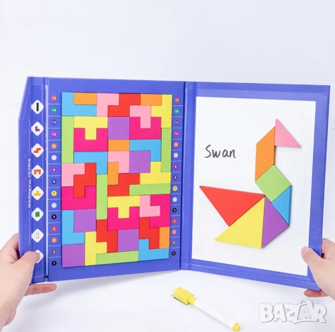 Две в Едно Дигитална Книга за Рисуване с Магнитен Дървен Тетрис и Танграм + Маркер, снимка 6 - Образователни игри - 52158132