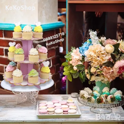 Триетажна поставка за кексчета и десерти/Парти поставка за кексчета/Триетажна поставка за мъфини, снимка 2 - Аксесоари за кухня - 50129146