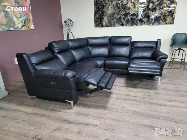 Черен кожен ъглов диван с електрически релаксиращ механизъм, снимка 6 - Дивани и мека мебел - 42514542