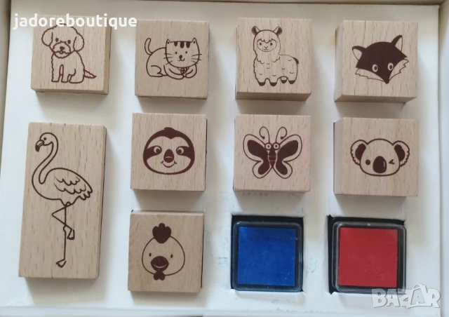 9 броя Дървени печати Животни + 2 броя мастилени тампони