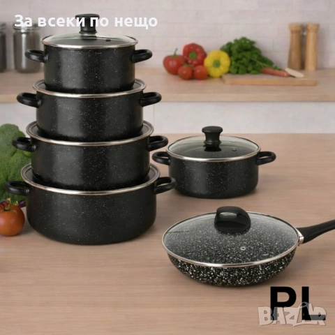 Черен комплект 5 емайлирани тенджери + тиган Rosberg 26 см с капак Код P1850, снимка 4 - Съдове за готвене - 53278531
