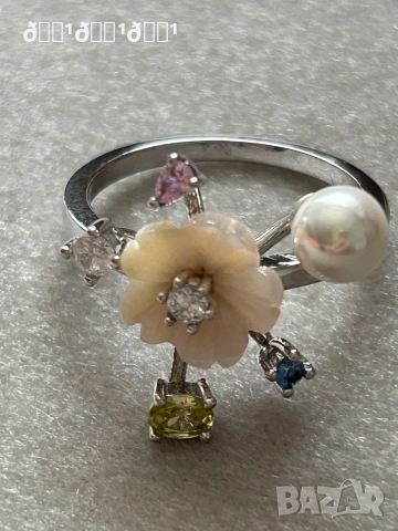 Луксозен сребърен пръстен със седефено цвете топази и перла , снимка 6 - Пръстени - 52835181