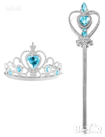 Сребриста пластмасова детска корона с камък сърце и Жезъл принцеса Елза Кралство София Рапунцел Белл