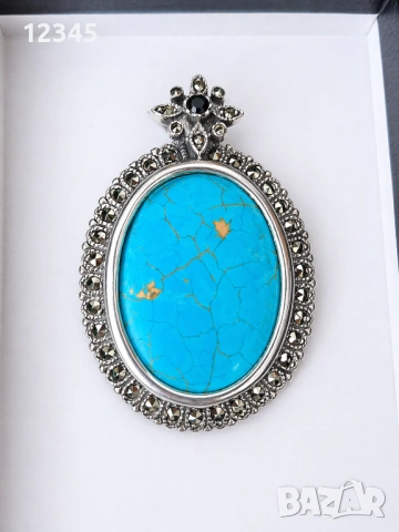 Уникален сребърен медальон/висулка естествен тюркоаз и марказити