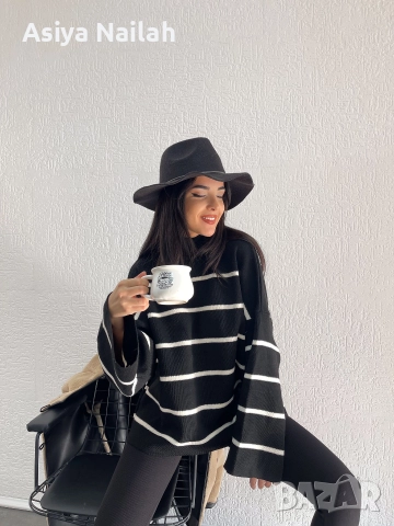 Дамски oversize пуловер с широк ръкав – черно/бяло райе
