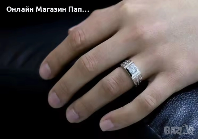 Мъжки посребрен стоманен пръстен с кристал, снимка 2 - Пръстени - 52375770