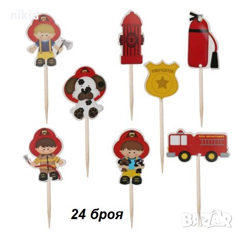 Пожарна Пожарникари 24 бр топери клечки за мъфини декорация и украса, снимка 2 - Други - 21722907