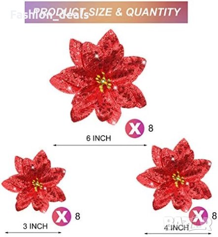 Нови Блестящи Коледни Цветя Пуансетия 24 броя за Декорация Украса , снимка 7 - Други - 42879457