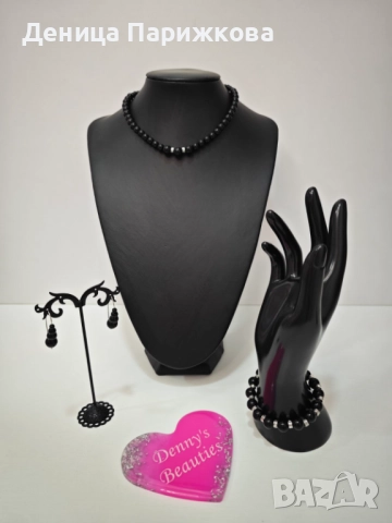 Ръчно изработен комплект бижута с черен оникс – гривна, колие и обеци 