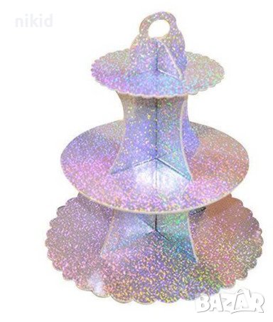 златиста сребриста холограмна 3 етажна Триетажна поставка стойка за мъфини картонена кексчета
