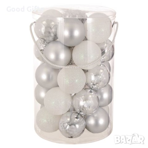 30 броя  Комплект коледни топки, Сребристо Бели, снимка 1 - Други стоки за дома - 42672596