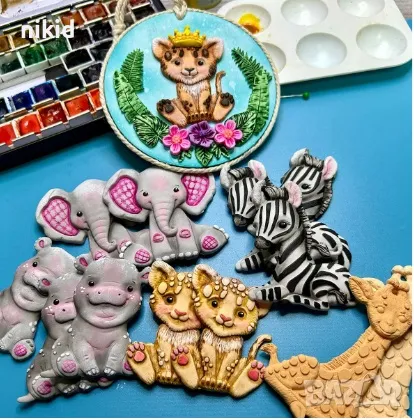 Тигър Жираф Зебра слон Хипопотам Зоо Диви животни джунгла сафари плитък силиконов молд форма фондан , снимка 2 - Форми - 47784675