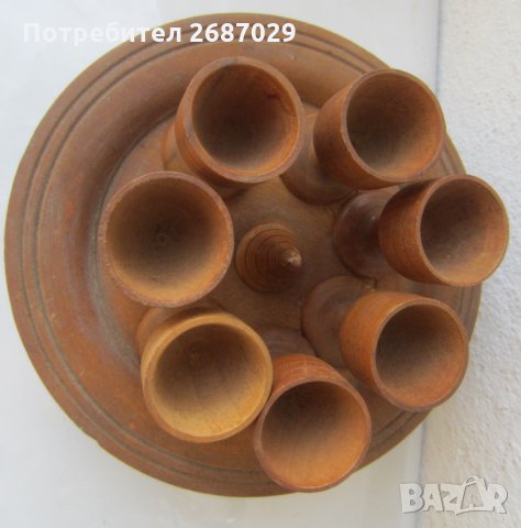 дървен съд и стар сервиз  с 7 чаши и кръгъл поднос, листо, копанка, снимка 2 - Други - 30304769