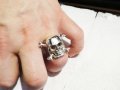 стар мъжки сребърен пръстен, рокерски пръстен солиден с череп