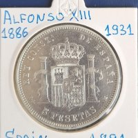 Монета Испания - 5 Песети 1891 г. Крал Алфонсо XIII - Сребро, снимка 1 - Нумизматика и бонистика - 31665072