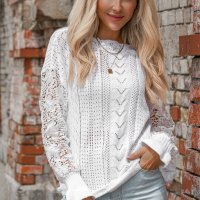 Дамска плетена блуза в бяло с ефектна бродерия, от памук и акрил, снимка 6 - Блузи с дълъг ръкав и пуловери - 42814561