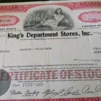 Сертификат за 10 акции (САЩ) | King's Department Stores Inc. | 1968г., снимка 3 - Други ценни предмети - 29301173