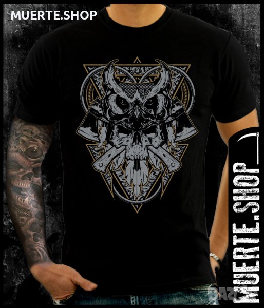 Черна тениска с щампа OWL EYED SKULL, снимка 1