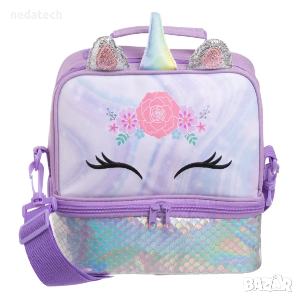 Термо чанта за обяд с 2 отделения, Еднорог, Лилав, 23x13x21 см., снимка 1