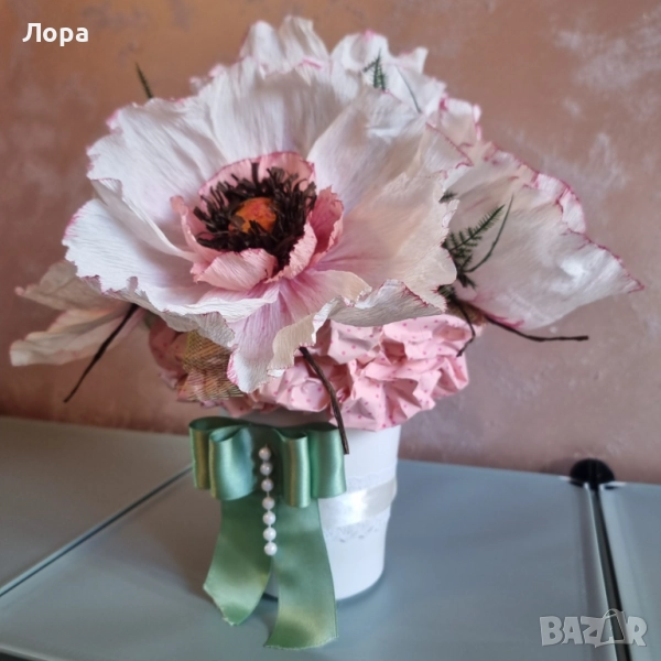 🌷 Ръчно изработена цветна аранжировка в бяло и розово от арт ателие Lollipop, снимка 1