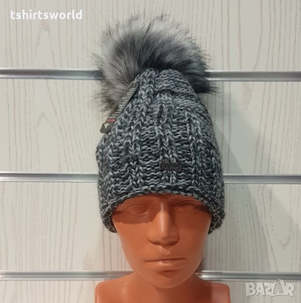 Нова зимна дамска шапка СилвърСтар сив меланж без подгъв в помпон/пух, снимка 1