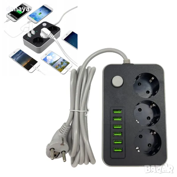 5600 Разклонител с 3 гнезда и 6 USB порта за бързо зареждане, снимка 1
