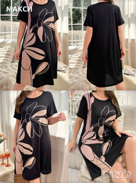 Макси силно еластична и мека нощница в черно с цветя, снимка 1