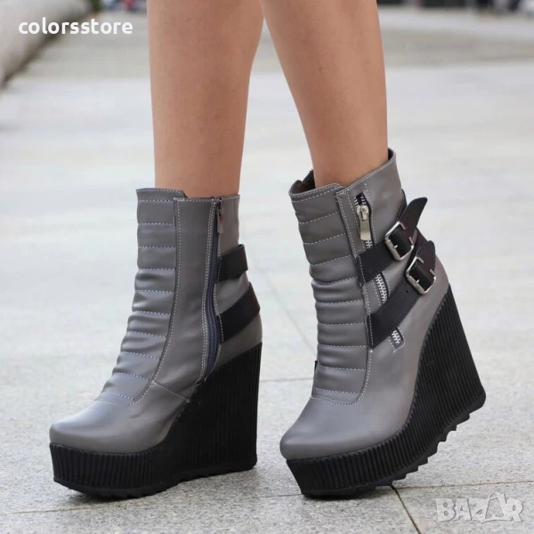 Боти на платформа - сива кожа с черно ходило - B2001

, снимка 1