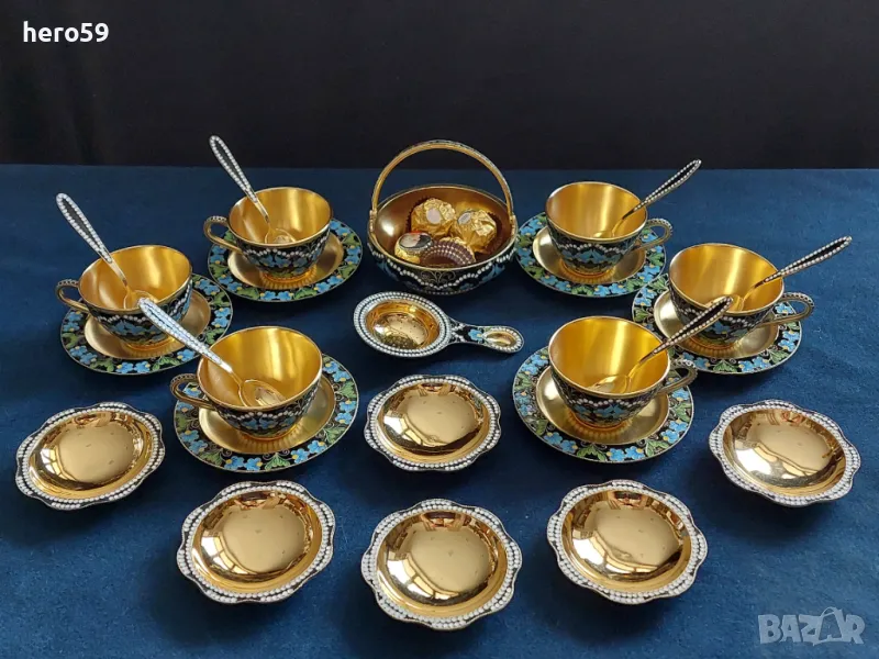 СССР-сребро 916-сребърни чаши с емайл позлата,сребърен сервиз, сребърен кинжал 65 см., снимка 1