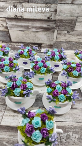 Сладурски Чашки с нежни цветлета в тюркоаз и лилаво!!, снимка 5 - Декорация за дома - 53240250