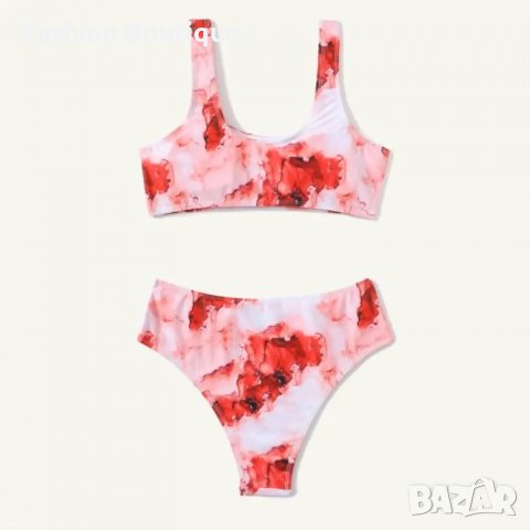 Червен мраморен бански принт висока талия , снимка 3 - Бански костюми - 37159241